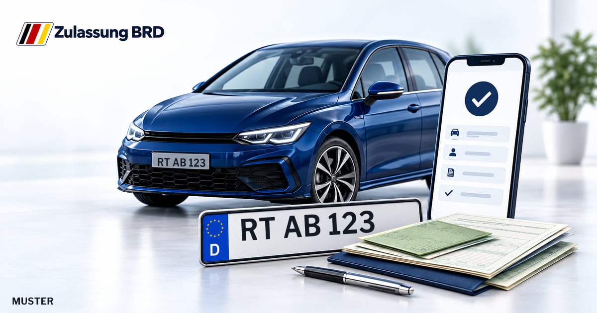 Online Fahrzeugzulassung in Eningen unter Achalm: Musterkennzeichen RT AB 123, Auto und Fahrzeugpapiere und Smartphone. Illustration mit Logo von Zulassung BRD.